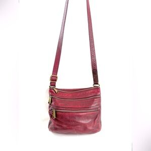 Fossil Dark Red Leather Medium Shoulder Crossbody Bag Purse Brass shb1522
